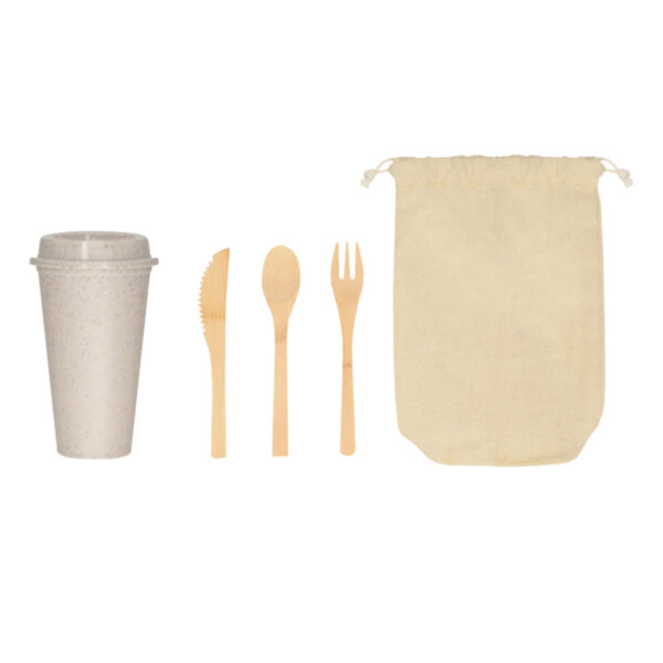 SET DE CUBIERTOS Y VASO TOBALÁ BEIGE KTC 044 BE (BAMBÚ / PLÁSTICO Y FIBRA DE AGAVE / ALGODÓN) - Imagen 4