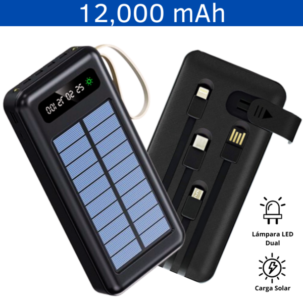 POWER BANK SOLAR 4 EN 1 DE 12,000 mAh C E LED P I (TEC146-U) NEGRO