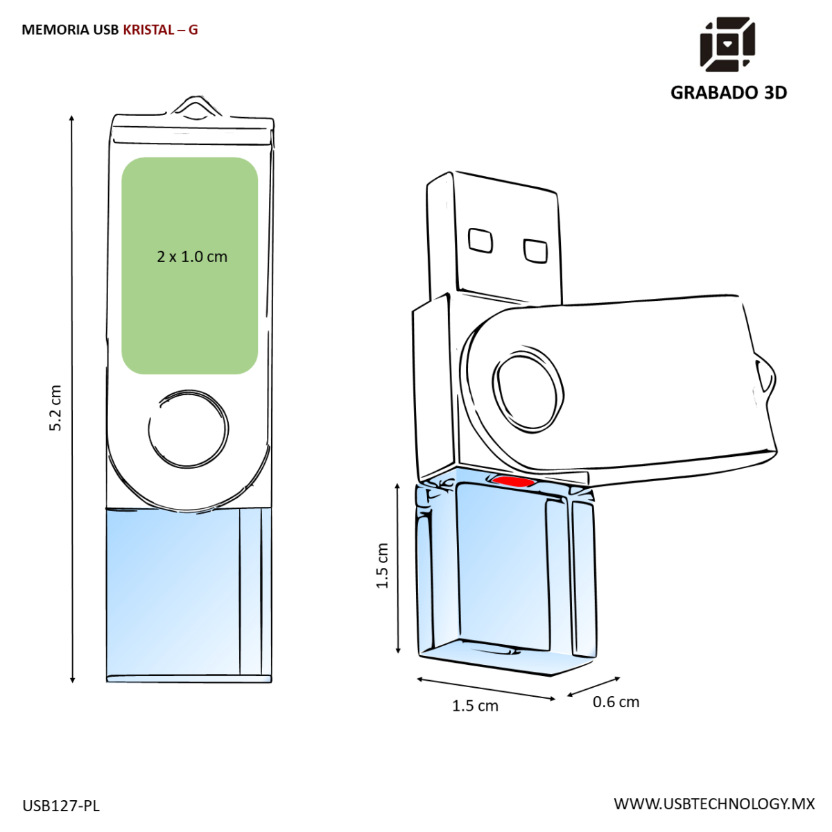 MEMORIA USB MINI CRISTAL 8GB (USB127-U) TRANSPARENTE - Image 4