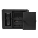 SET 022 N - SET MARMARIS (NEGRO / PAPEL ITALIANO PREMIUM CAJA / ACERO INOXIDABLE, PLASTICO, SILICON TERMO / CURPIEL LIBRETA / ACERO INOXIDABLE BOLIGRAFO / PLASTICO POWER BANK / CURPIEL, METAL LLAVERO)