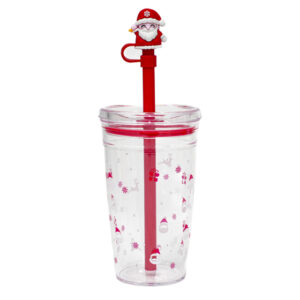VASO DE PLÁSTICO DE 450 ML. CON POPOTE DE SANTA CLAUS NOEL A3191 ROJO (PLÁSTICO PS / SILICÓN / PLÁSTICO PVC / A3191.04 /  ARTICULOS PROMOCIONALES)