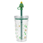 VASO DE PLÁSTICO DE 450 ML. CON POPOTE DE ÁRBOL NAVIDEÑO HOLLY A3192 VERDE (PLÁSTICO PS / SILICÓN / PLÁSTICO PVC / A3192.06 /  ARTICULOS PROMOCIONALES)