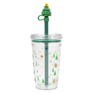 VASO DE PLÁSTICO DE 450 ML. CON POPOTE DE ÁRBOL NAVIDEÑO HOLLY A3192 VERDE (PLÁSTICO PS / SILICÓN / PLÁSTICO PVC / A3192.06 /  ARTICULOS PROMOCIONALES)