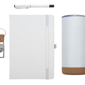 SET DE REGALO LONDRES A3193 BLANCO (TERMO: ACERO INOXIDABLE / CORCHO // LIBRETA: PU // BOLÍGRAFO: ALUMIMIO // LLAVERO: ACERO INOXIDABLE / CORCHO. / A3193.01 /  ARTICULOS PROMOCIONALES)