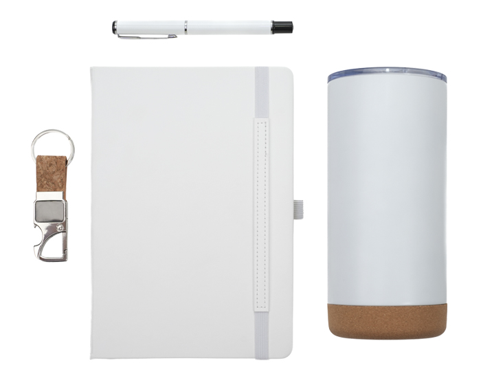 SET DE REGALO LONDRES A3193 BLANCO (TERMO: ACERO INOXIDABLE / CORCHO // LIBRETA: PU // BOLÍGRAFO: ALUMIMIO // LLAVERO: ACERO INOXIDABLE / CORCHO. / A3193.01 / ARTICULOS PROMOCIONALES)