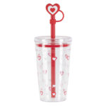 VASO DE PLÁSTICO CON POPOTE DE CORAZÓN DE 450 ML. VALENTINE A3204 ROJO (PLÁSTICO PS / SILICÓN / PLÁSTICO PVC / A3204.04 /  ARTICULOS PROMOCIONALES)
