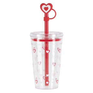 VASO DE PLÁSTICO CON POPOTE DE CORAZÓN DE 450 ML. VALENTINE A3204 ROJO (PLÁSTICO PS / SILICÓN / PLÁSTICO PVC / A3204.04 /  ARTICULOS PROMOCIONALES)